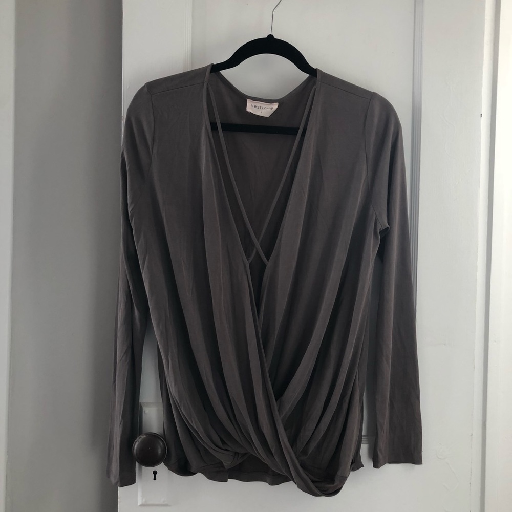 Grey vestique long sleeve criss-cross deep-v top